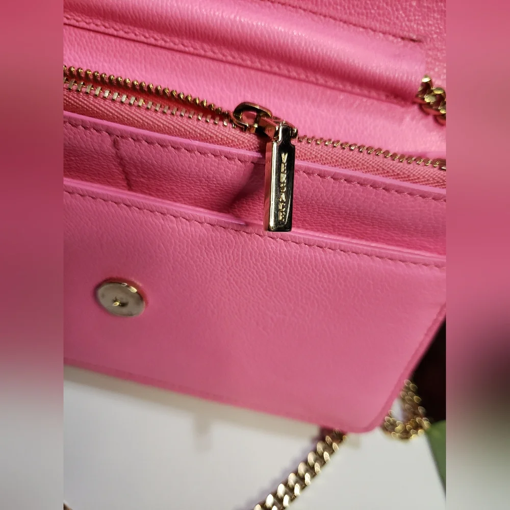 Versace Grained Calfskin Palazzo Chain Bag Crossbody  Shoulder  Pink Barbie - Picture 15 of 17